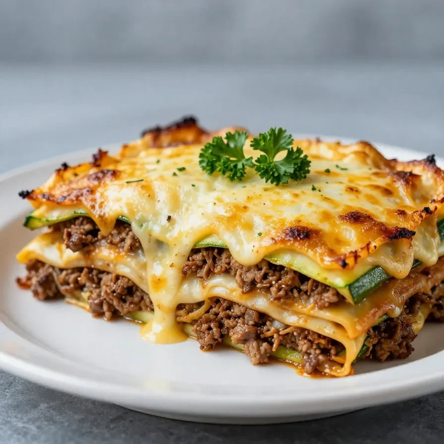 Ein frisch gebackener Zucchini-Pizza-Auflauf mit geschmolzenem Käse und Tomatensauce