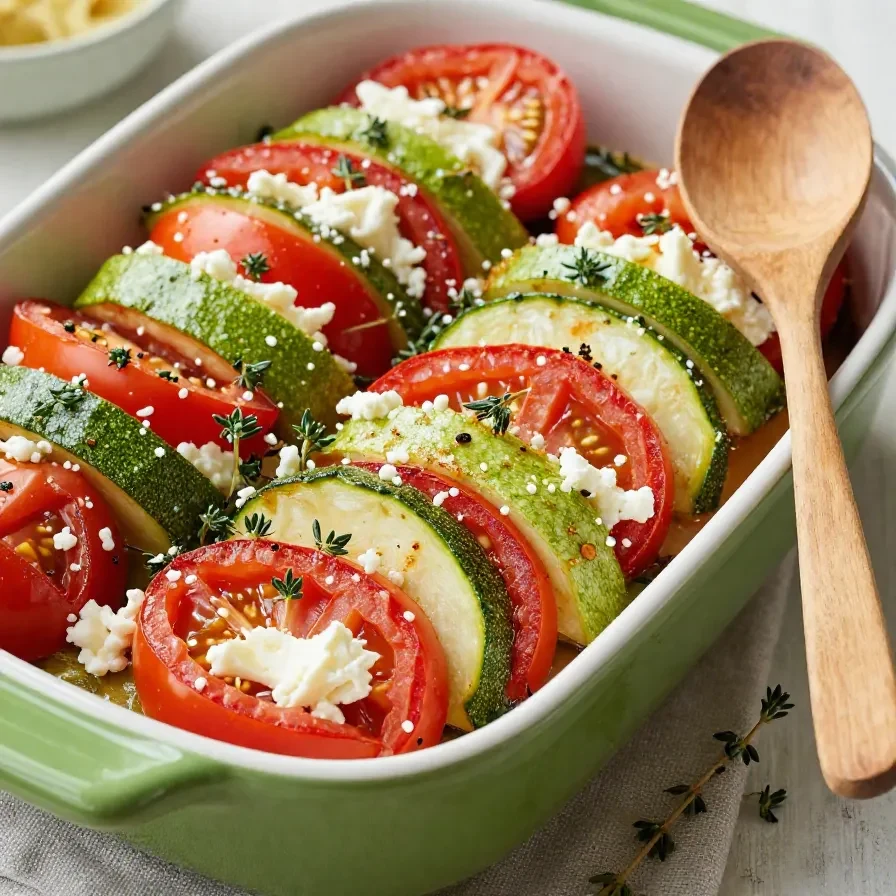 Ein frisch gebackener Tomaten-Zucchini-Auflauf mit geschmolzenem Mozzarella in einer weißen Keramikform.