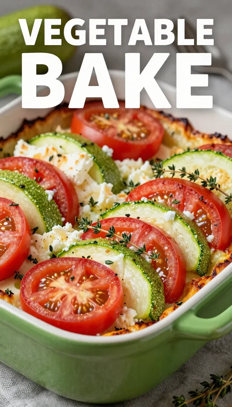 Ein frisch gebackener Tomaten-Zucchini-Auflauf mit geschmolzenem Mozzarella in einer weißen Keramikform.