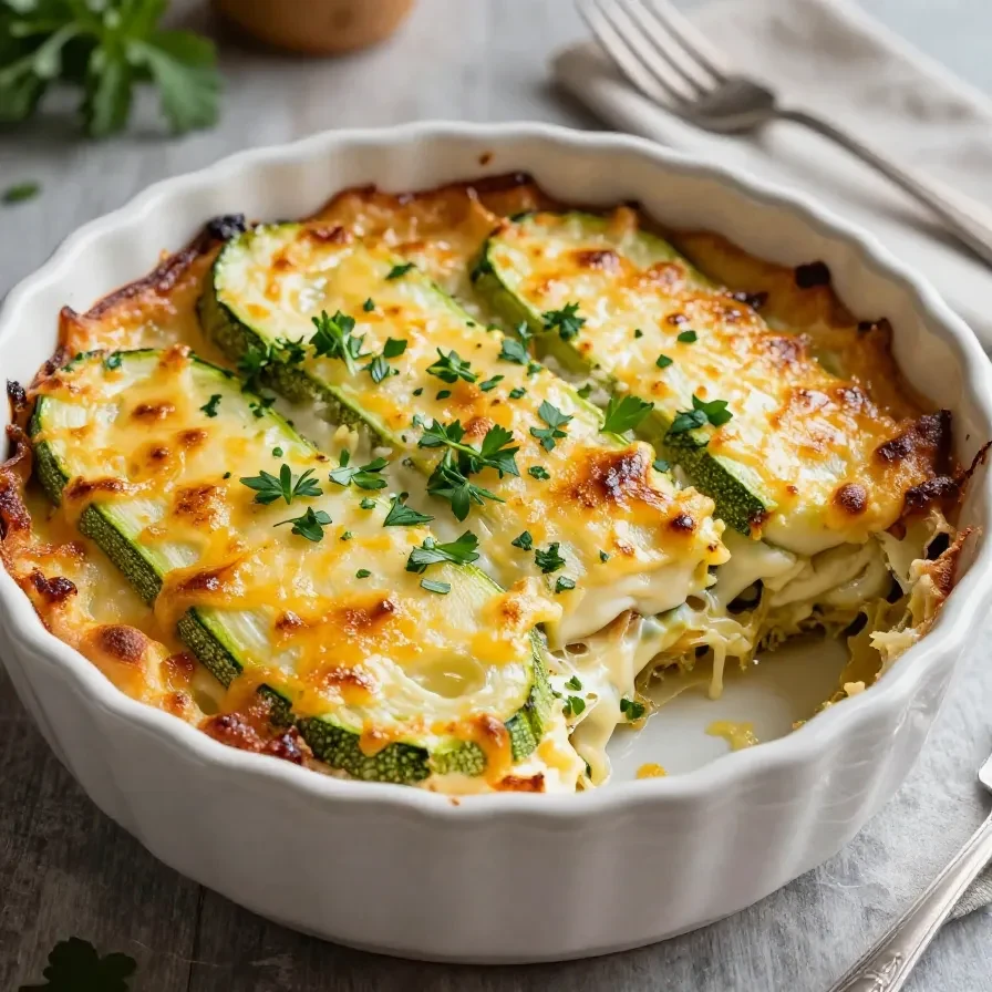 Ein frisch gebackener Zucchini Auflauf mit Hüttenkäse in einer weißen Auflaufform.