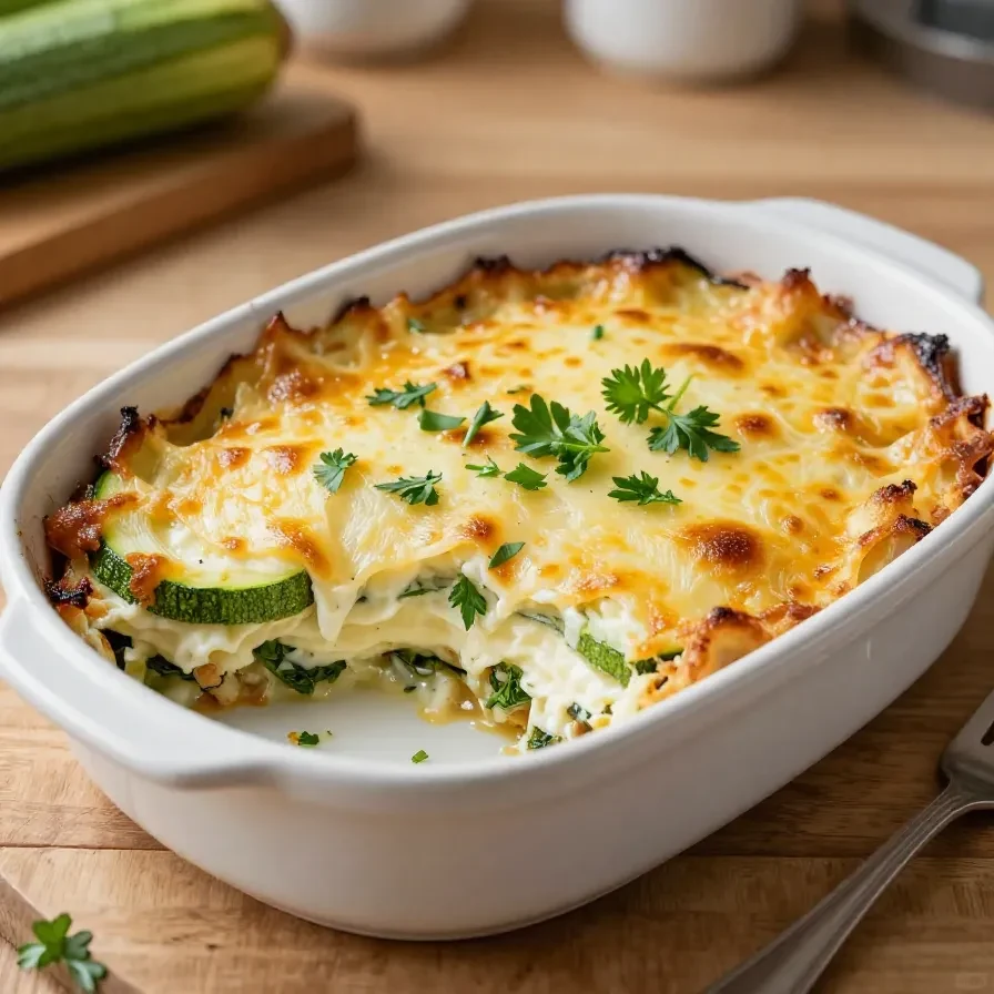 Ein frisch gebackener Zucchini Auflauf mit Hüttenkäse in einer weißen Auflaufform.