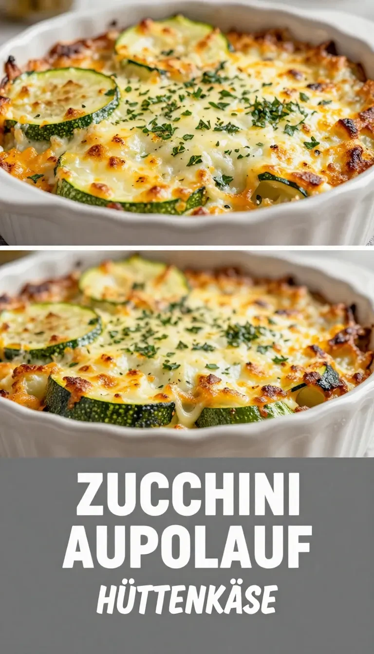 Ein frisch gebackener Zucchini Auflauf mit Hüttenkäse in einer weißen Auflaufform.