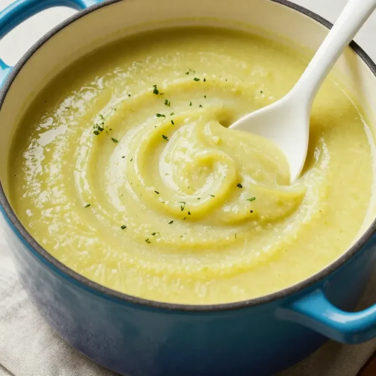 Eine Schüssel mit cremiger Zucchini-Suppe, garniert mit frischen Kräutern.