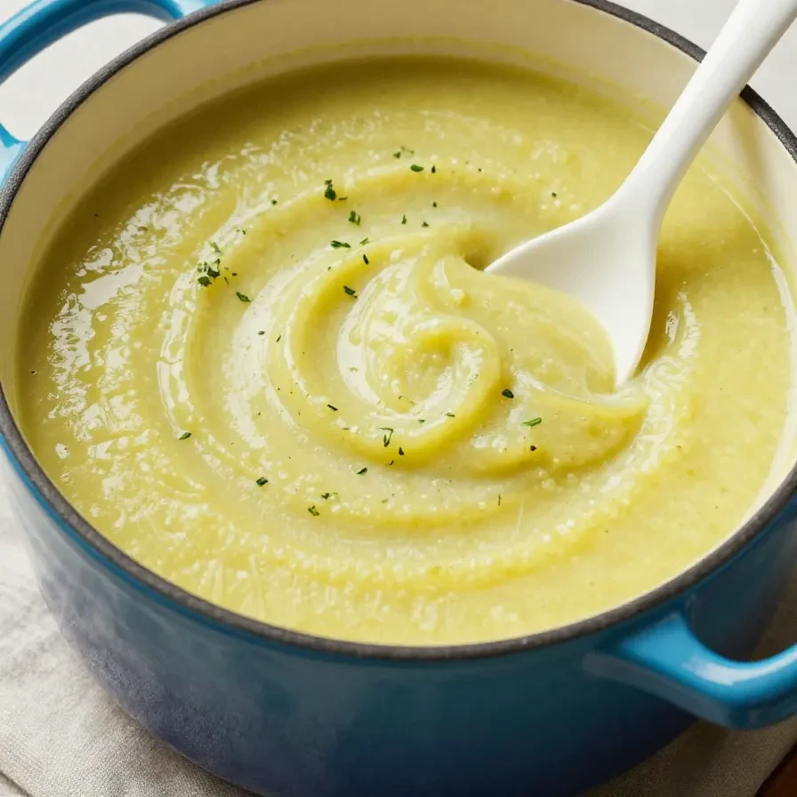 Eine Schüssel mit cremiger Zucchini-Suppe, garniert mit frischen Kräutern.