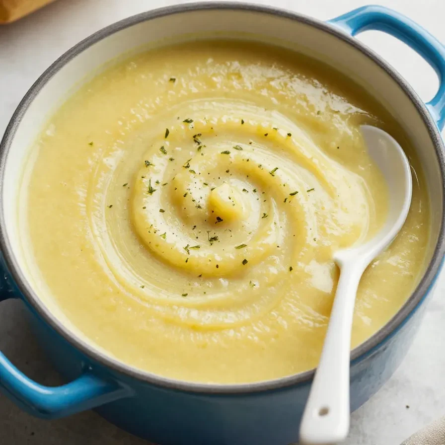 Eine Schüssel mit cremiger Zucchini-Suppe, garniert mit frischen Kräutern.