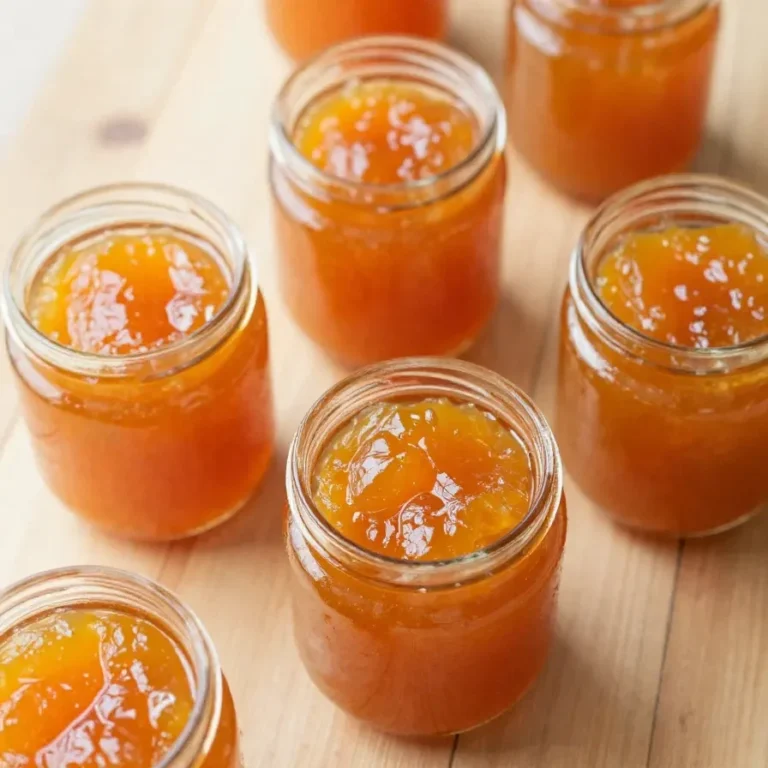 Ein Glas selbstgemachte Mirabellen-Marmelade auf einem Holztisch.