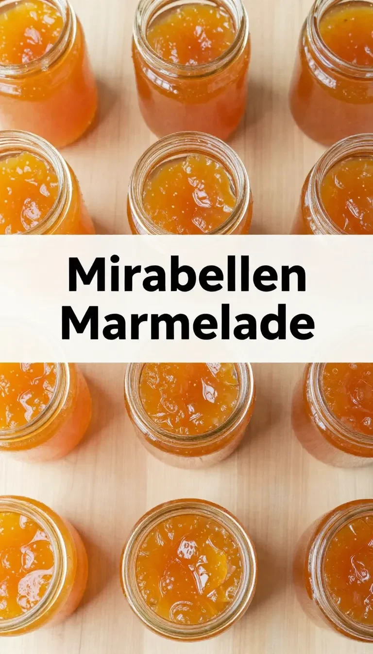 Ein Glas selbstgemachte Mirabellen-Marmelade auf einem Holztisch.