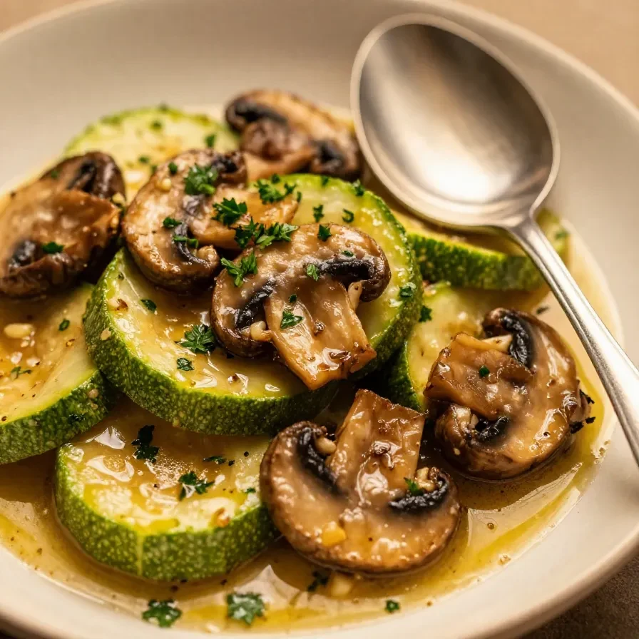 Eine Pfanne mit gebratenen Zucchini und Champignons, perfekt für ein leichtes Gericht.