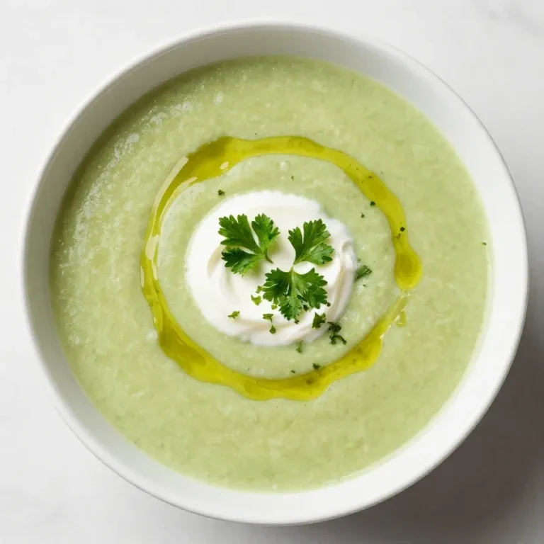 Eine Schüssel mit cremiger Zucchini-Suppe, garniert mit frischen Kräutern.
