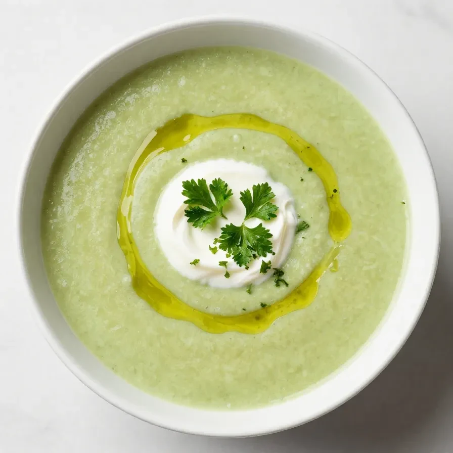 Eine Schüssel mit cremiger Zucchini-Suppe, garniert mit frischen Kräutern.
