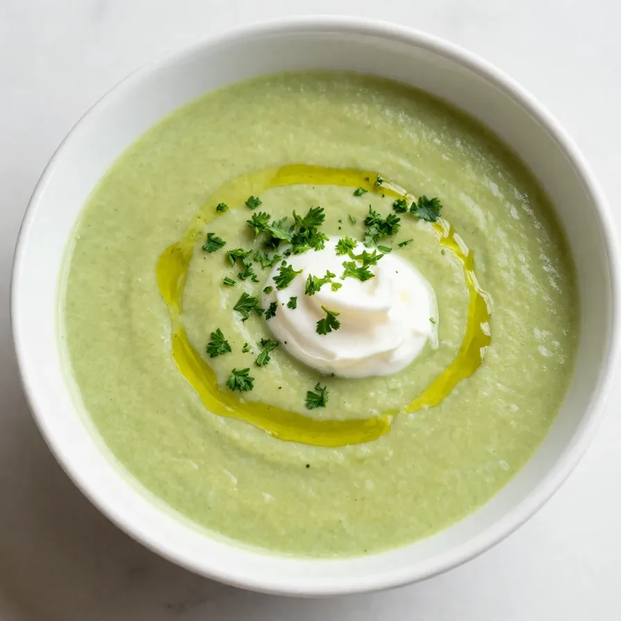 Eine Schüssel mit cremiger Zucchini-Suppe, garniert mit frischen Kräutern.