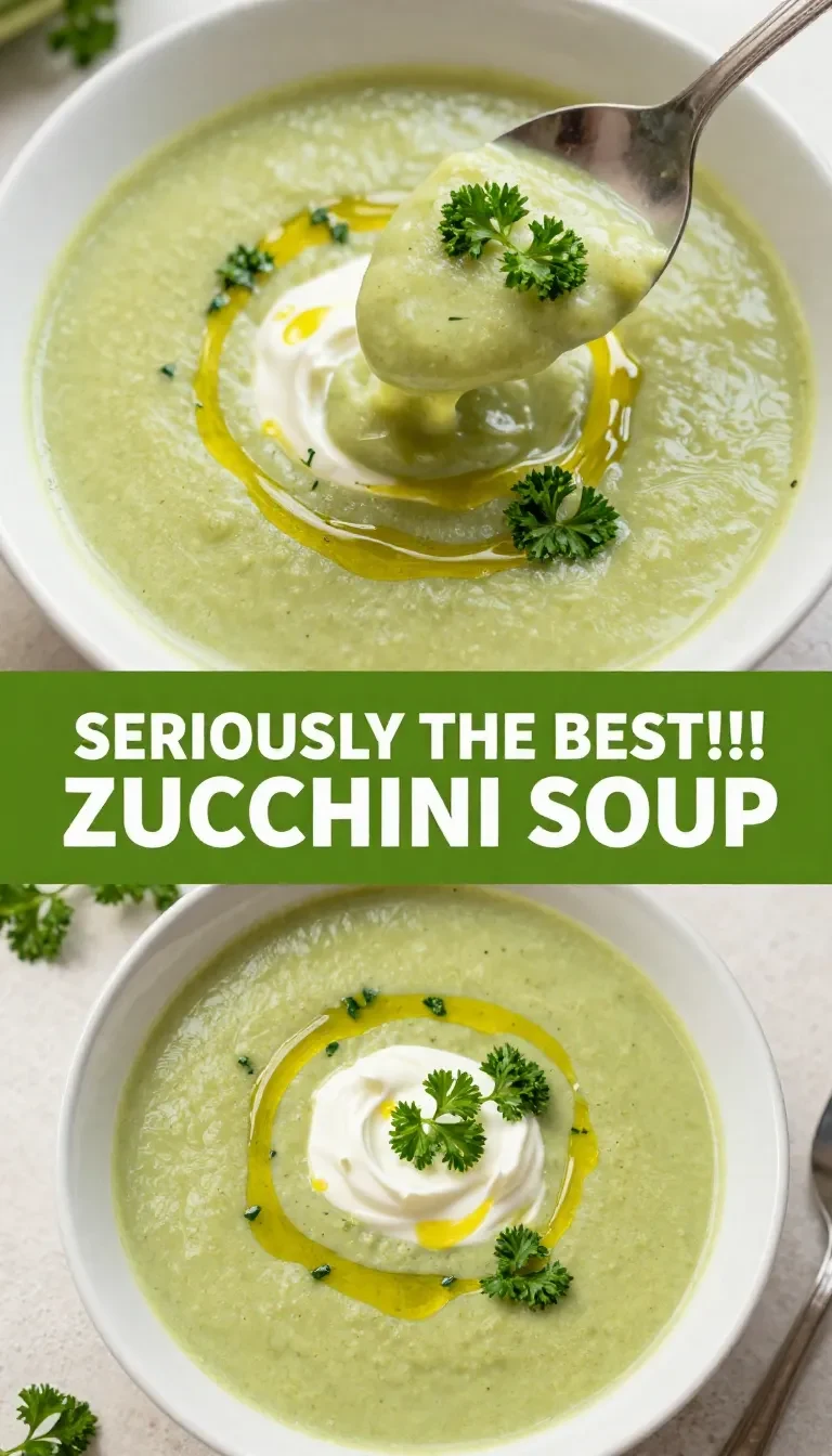 Eine Schüssel mit cremiger Zucchini-Suppe, garniert mit frischen Kräutern.