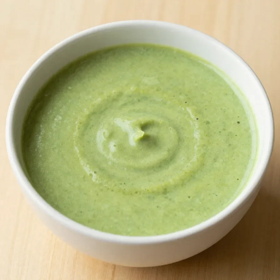 Eine Schüssel mit cremiger Zucchini-Kartoffel-Suppe, garniert mit frischen Kräutern.