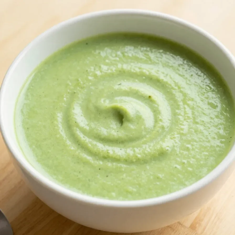 Eine Schüssel mit cremiger Zucchini-Kartoffel-Suppe, garniert mit frischen Kräutern.