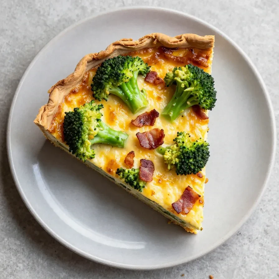 Eine frisch gebackene krustenlose Quiche mit Gemüse und Käse auf einem weißen Teller.