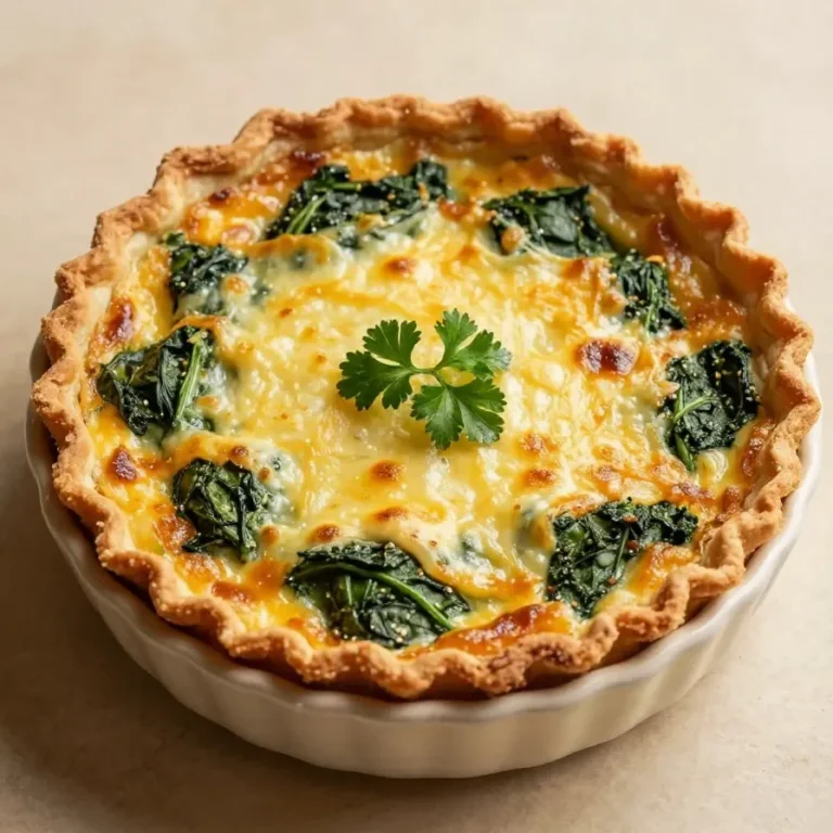 Eine frisch gebackene Spinat-Quiche auf einem Holzbrett serviert
