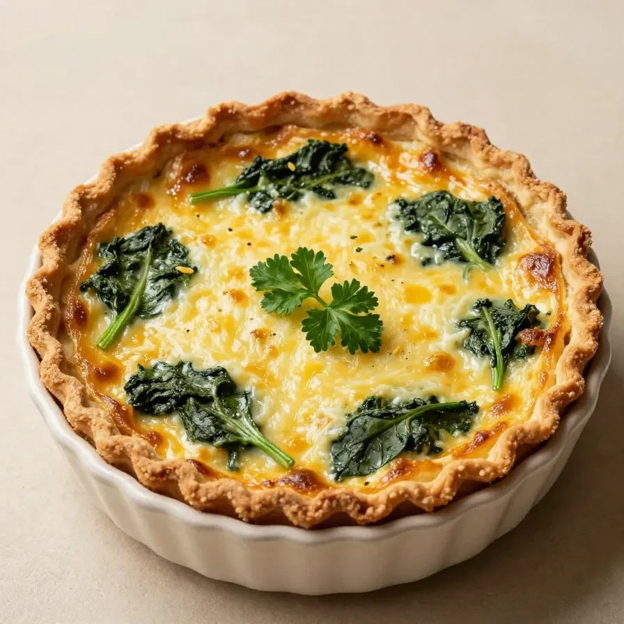 Eine frisch gebackene Spinat-Quiche auf einem Holzbrett serviert