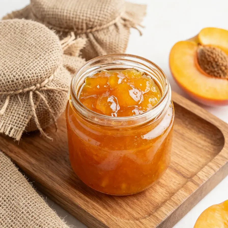 Ein Glas selbstgemachte Pfirsichmarmelade mit Tonkabohnen auf einem Holztisch.