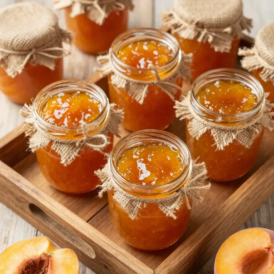 Ein Glas selbstgemachte Pfirsichmarmelade mit Tonkabohnen auf einem Holztisch.