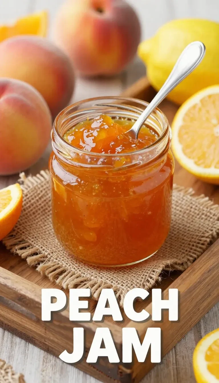 Ein Glas selbstgemachte Pfirsichmarmelade mit Tonkabohnen auf einem Holztisch.