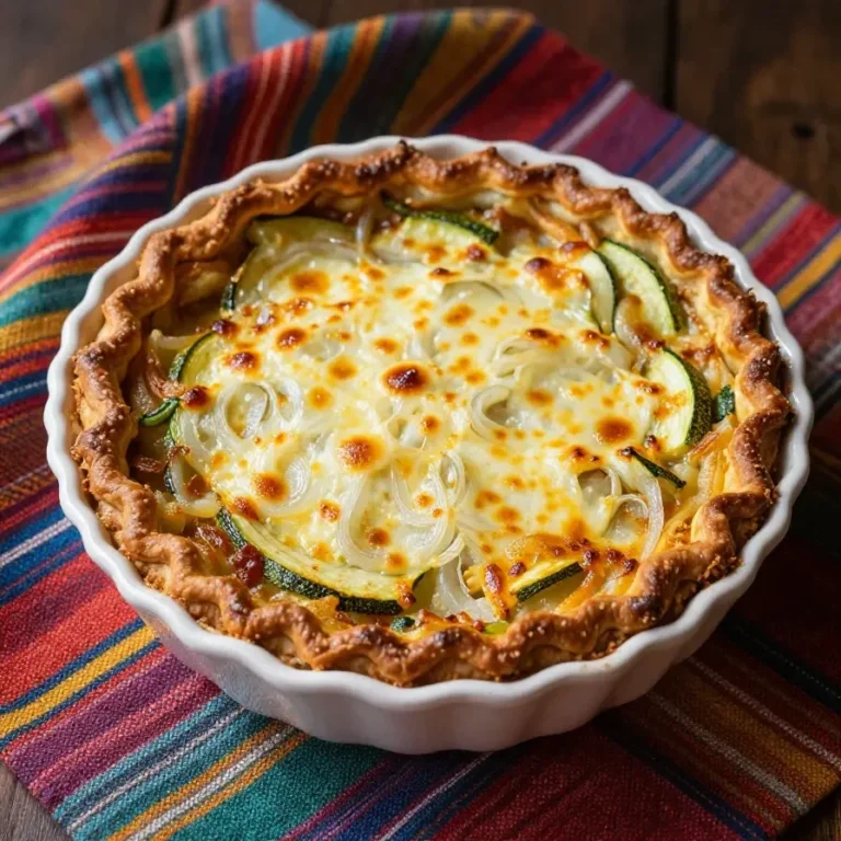 Frisch gebackener Zucchini-Zwiebel-Kuchen auf einem Holztisch serviert.