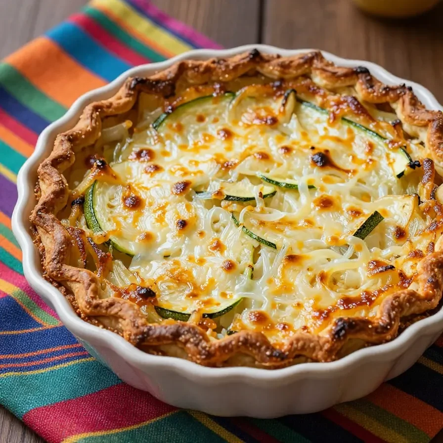 Frisch gebackener Zucchini-Zwiebel-Kuchen auf einem Holztisch serviert.