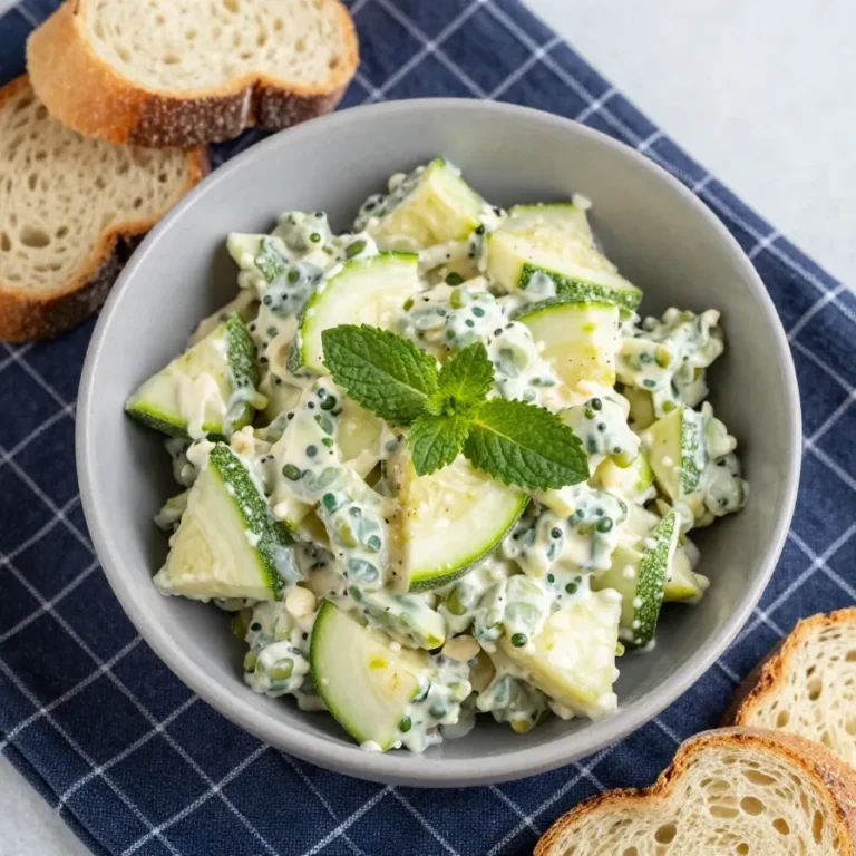 Frischer Zucchinisalat mit Apfelstücken und Minzblättern auf einem weißen Teller.