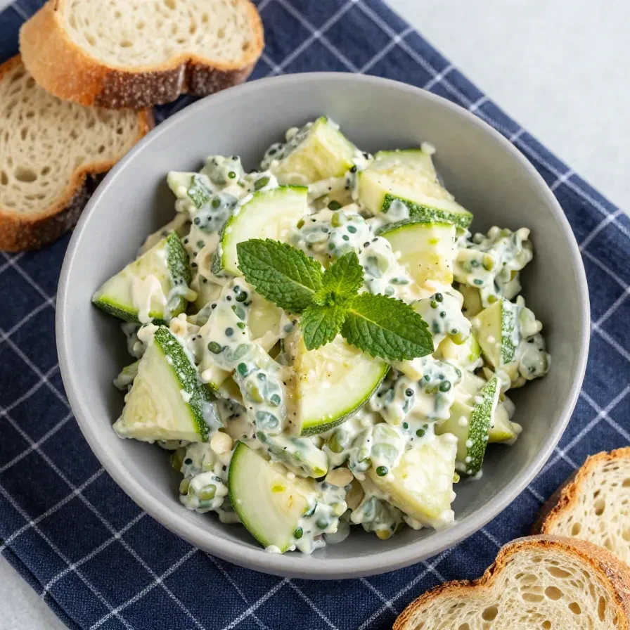 Frischer Zucchinisalat mit Apfelstücken und Minzblättern auf einem weißen Teller.