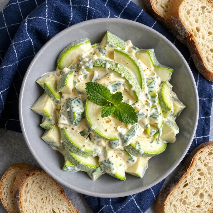 Frischer Zucchinisalat mit Apfelstücken und Minzblättern auf einem weißen Teller.