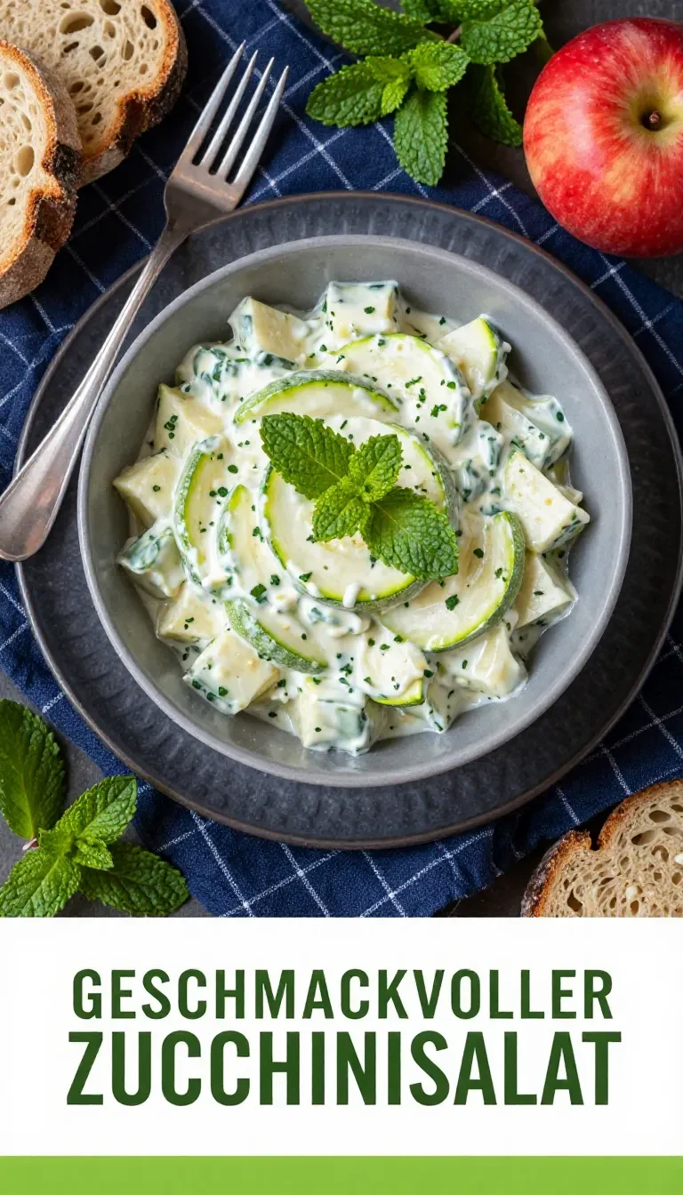 Frischer Zucchinisalat mit Apfelstücken und Minzblättern auf einem weißen Teller.