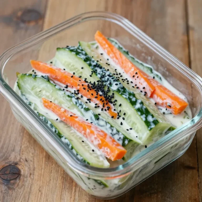 Ein cremiger asiatischer Gurkensalat in einer Schüssel, perfekt angerichtet.