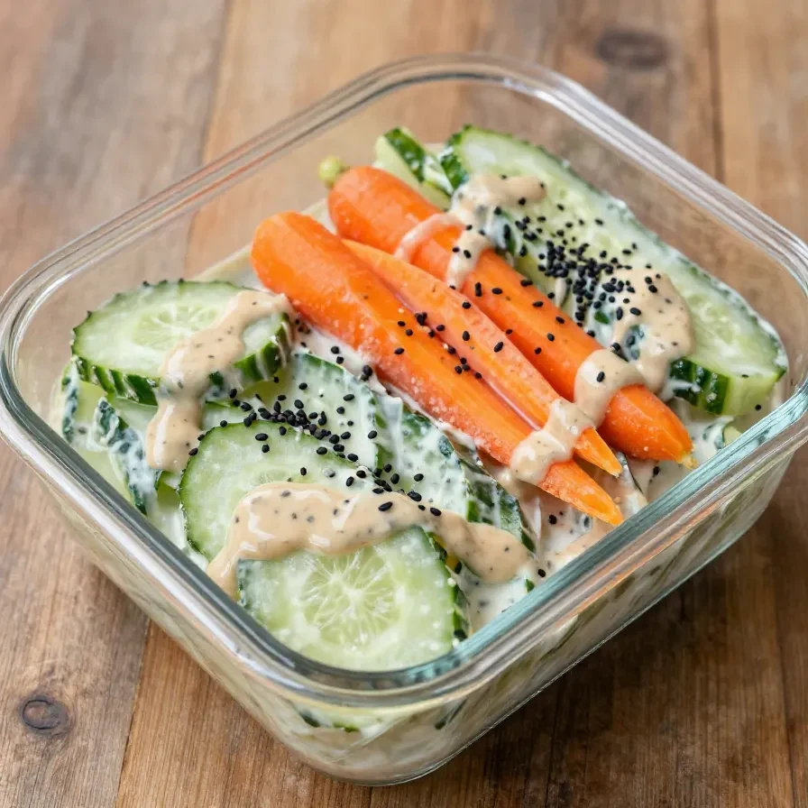 Ein cremiger asiatischer Gurkensalat in einer Schüssel, perfekt angerichtet.