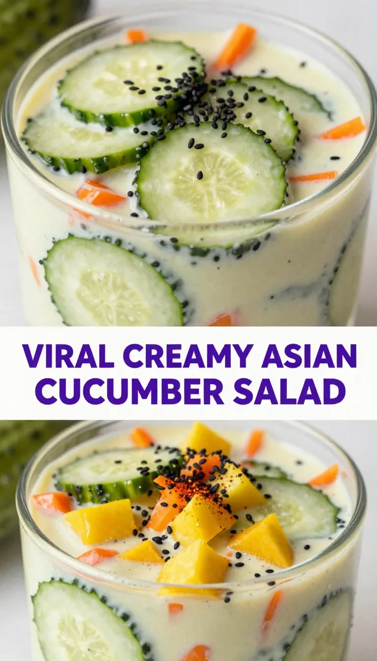 Ein cremiger asiatischer Gurkensalat in einer Schüssel, perfekt angerichtet.
