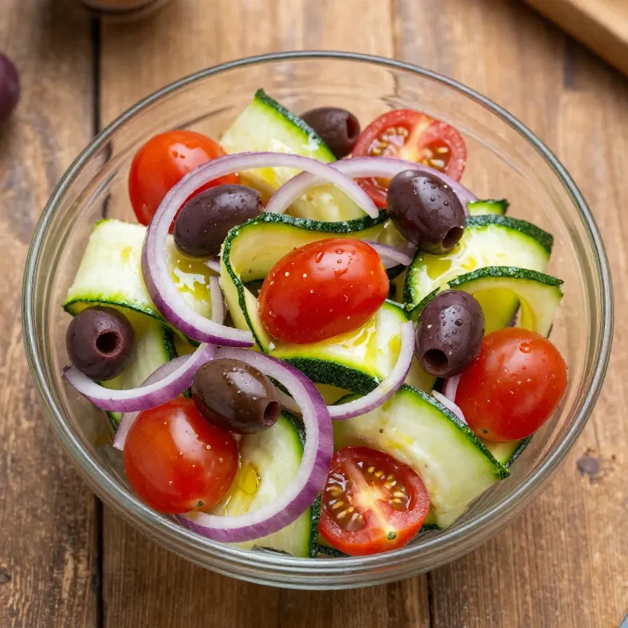 Frischer griechischer Zucchini-Salat mit Olivenöl und Kräutern serviert.