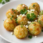 Knusprige Zucchini-Feta-Bällchen auf einem Teller, serviert mit frischen Kräutern.