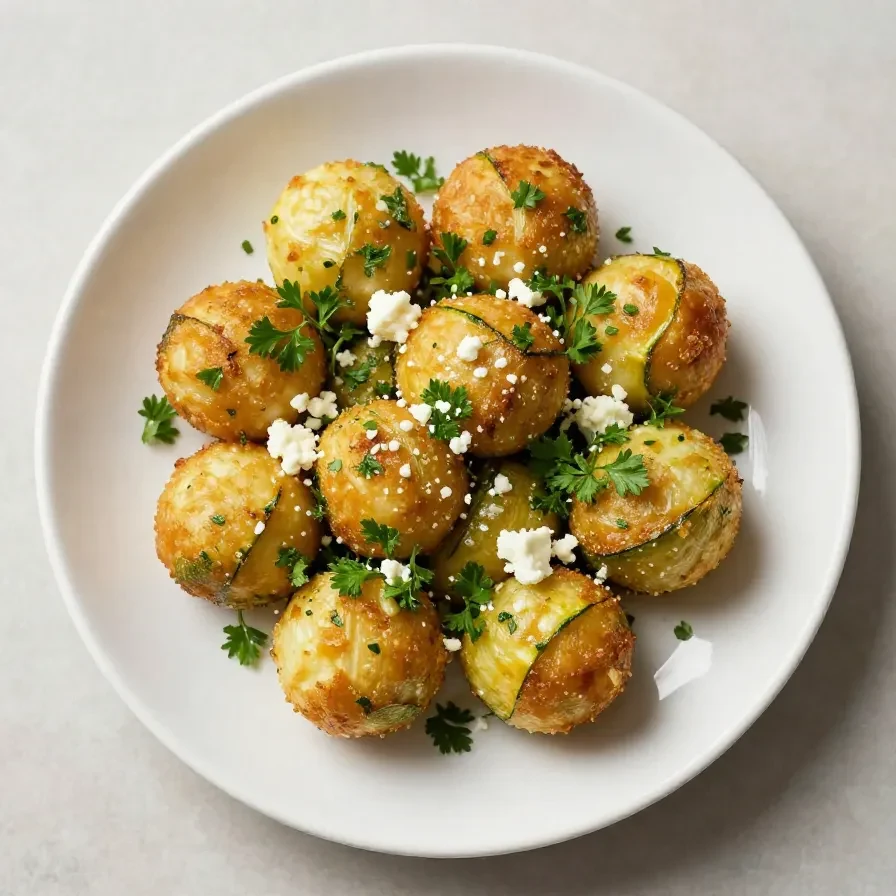 Knusprige Zucchini-Feta-Bällchen auf einem Teller, serviert mit frischen Kräutern.