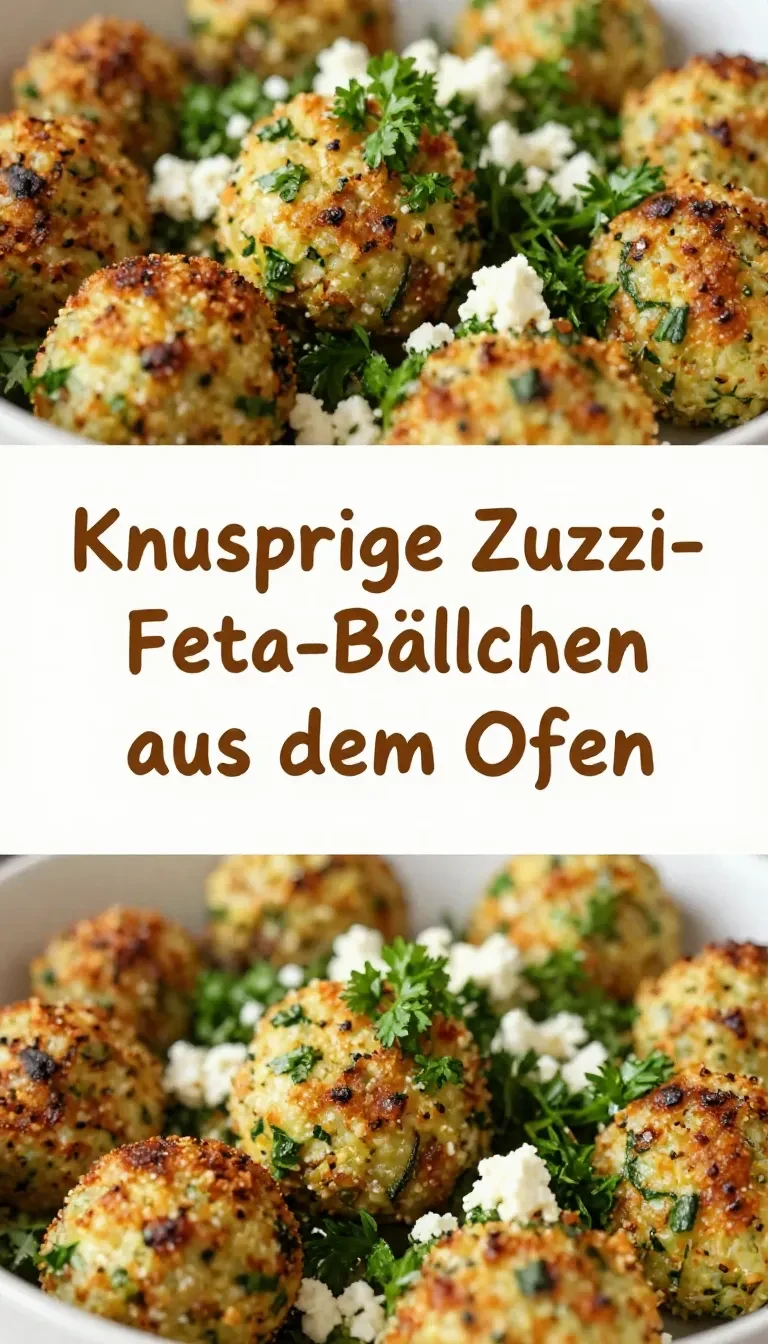 Knusprige Zucchini-Feta-Bällchen auf einem Teller, serviert mit frischen Kräutern.