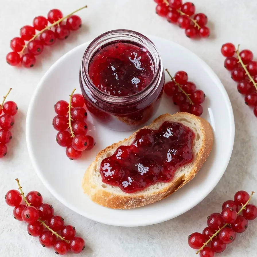 Ein Glas Johannisbeermarmelade ohne Kerne auf einem Holztisch, daneben frische rote Johannisbeeren.