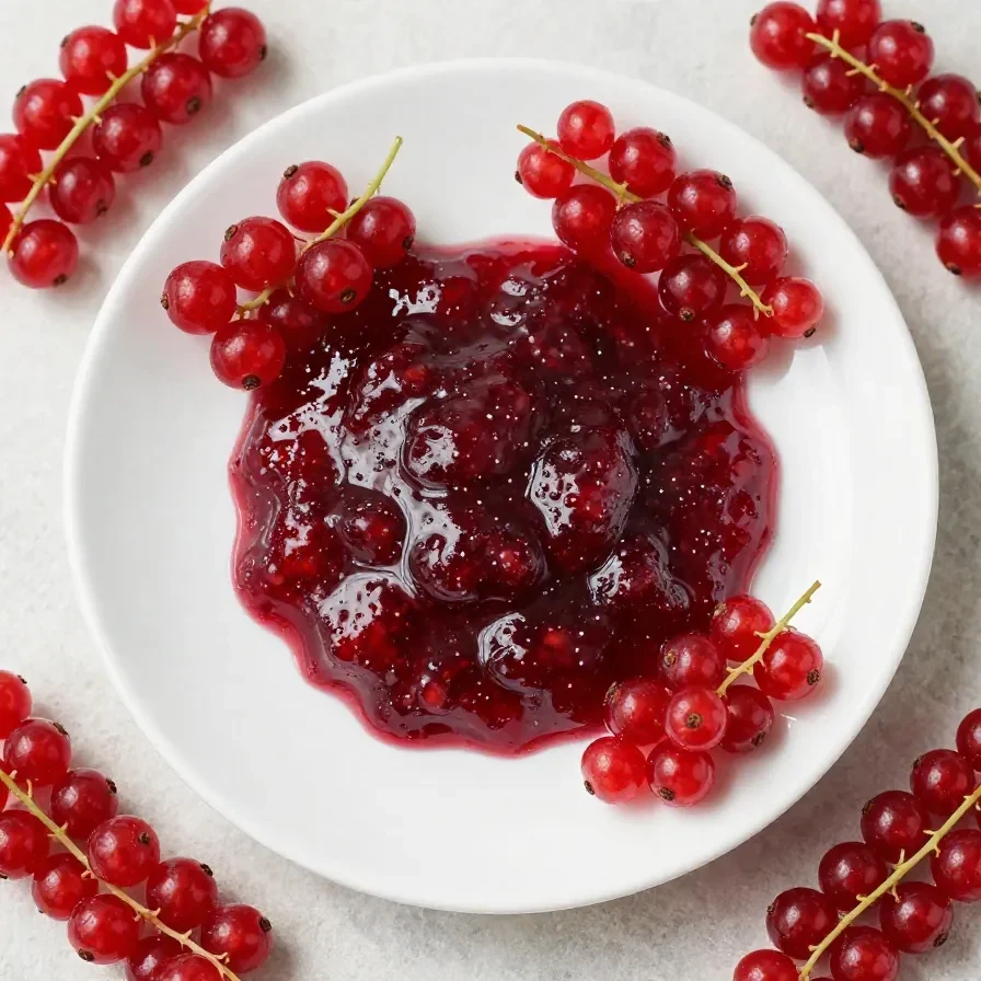 Ein Glas Johannisbeermarmelade ohne Kerne auf einem Holztisch, daneben frische rote Johannisbeeren.
