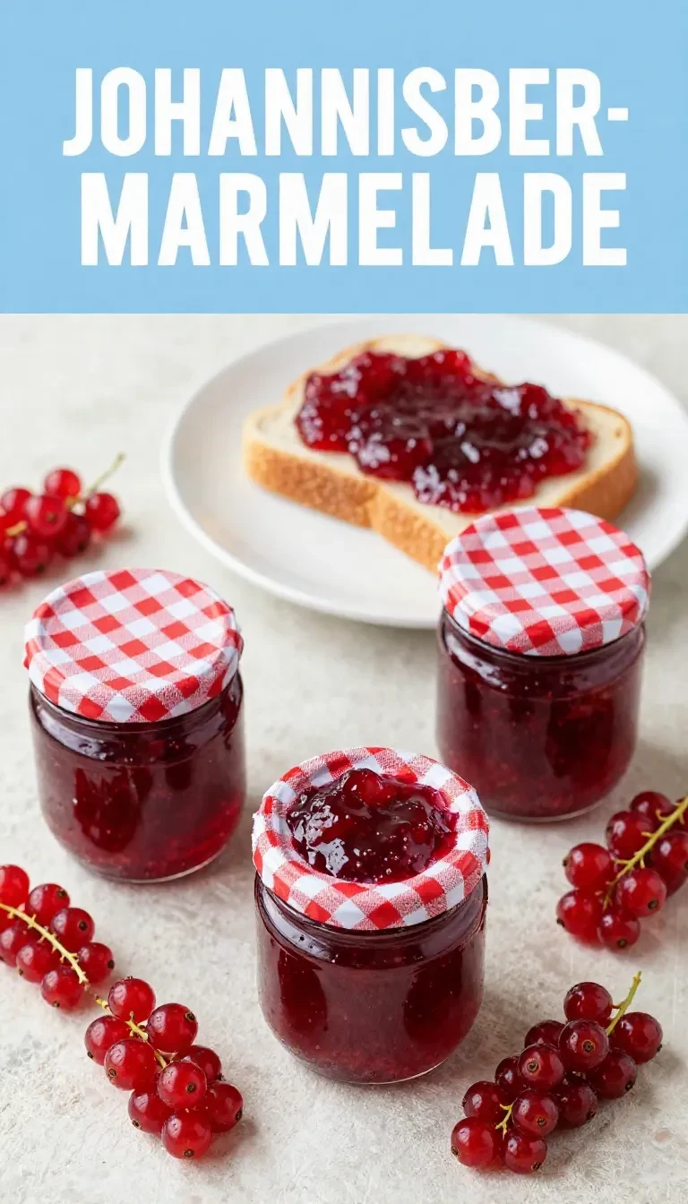 Ein Glas Johannisbeermarmelade ohne Kerne auf einem Holztisch, daneben frische rote Johannisbeeren.