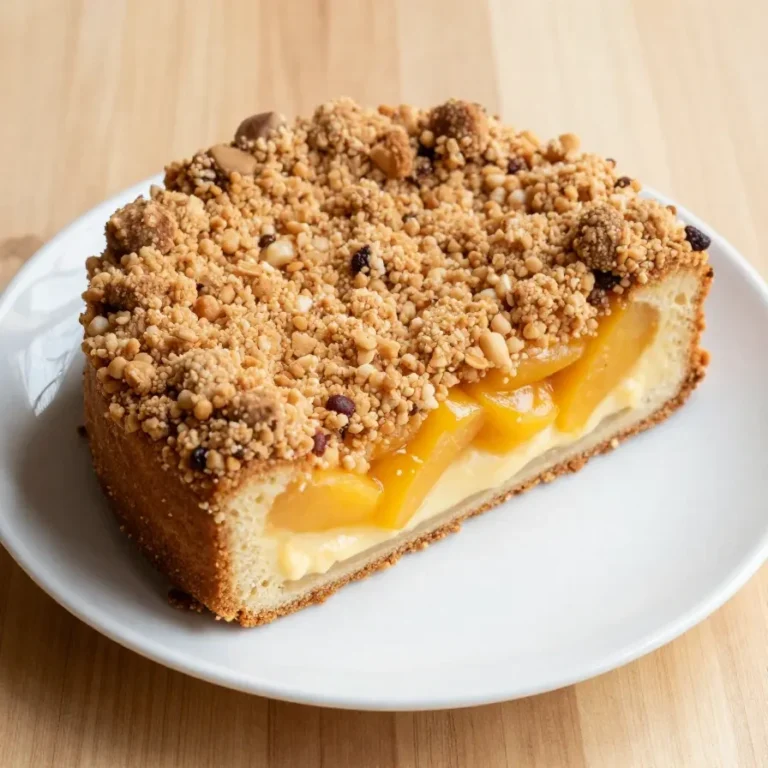 Ein frisch gebackener Mirabellenkuchen mit Pudding und knusprigen Mandel-Streuseln auf einem Holztisch.