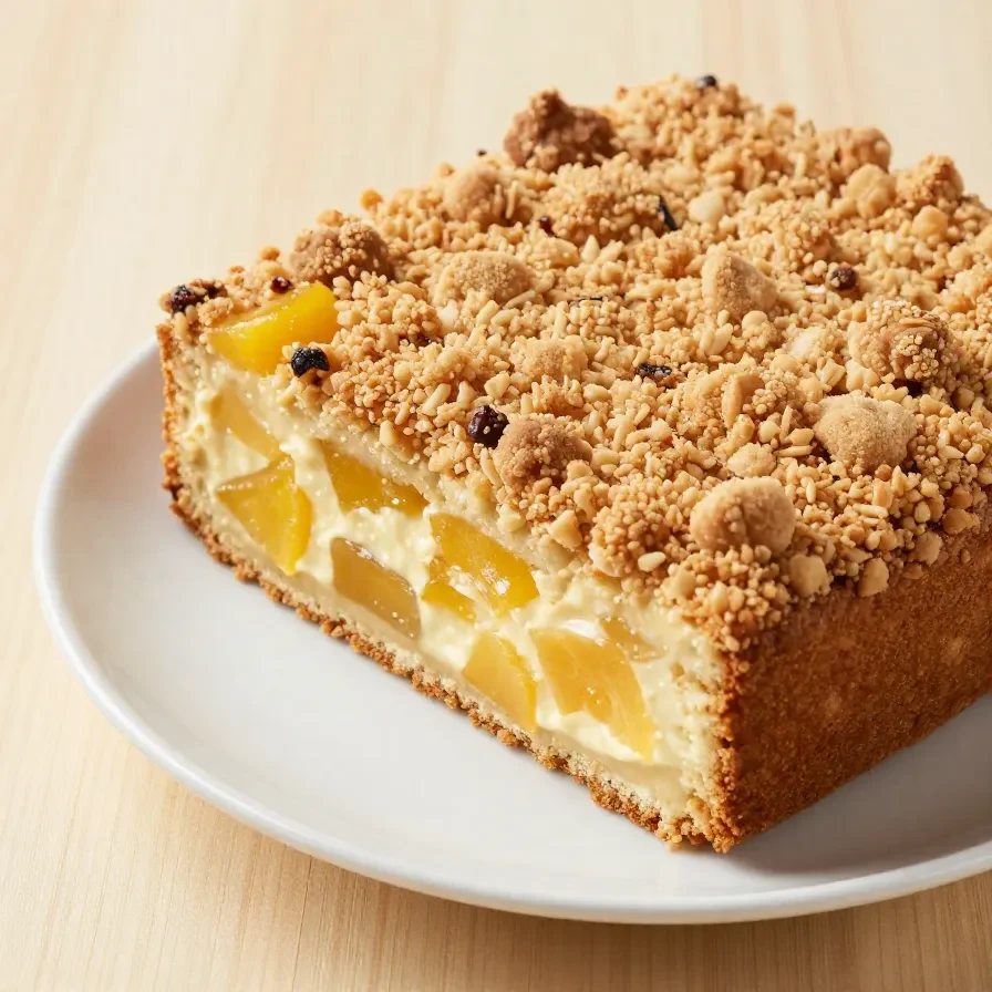 Ein frisch gebackener Mirabellenkuchen mit Pudding und knusprigen Mandel-Streuseln auf einem Holztisch.