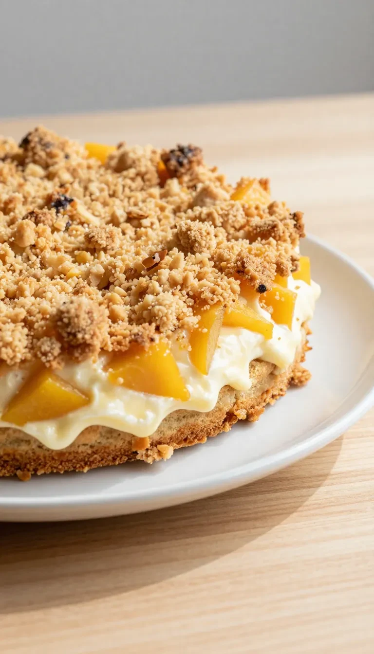 Ein frisch gebackener Mirabellenkuchen mit Pudding und knusprigen Mandel-Streuseln auf einem Holztisch.