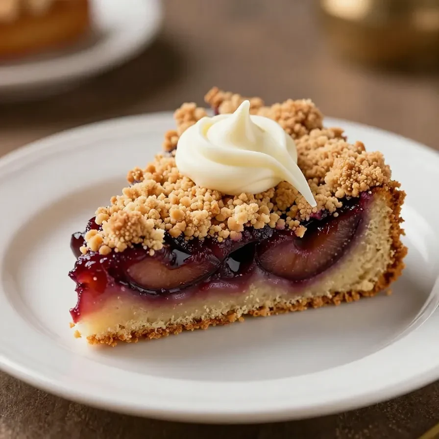 Ein Stück Streusel-Zwetschgenkuchen auf einem Teller, frisch gebacken mit Mürbteig.