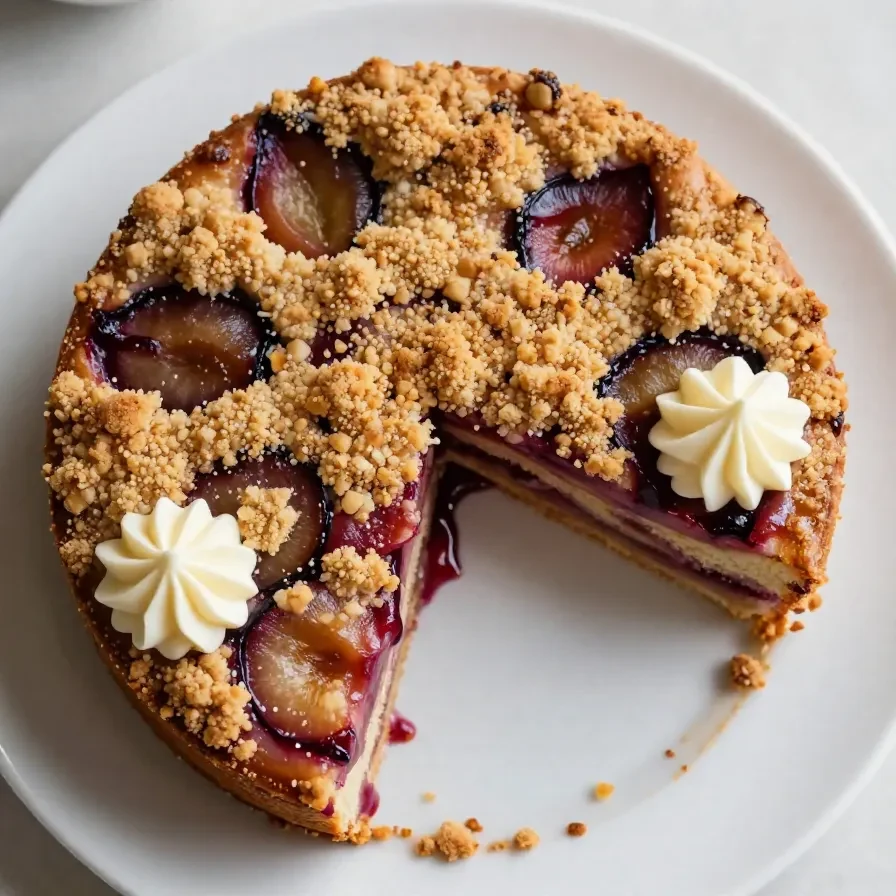 Ein Stück Streusel-Zwetschgenkuchen auf einem Teller, frisch gebacken mit Mürbteig.