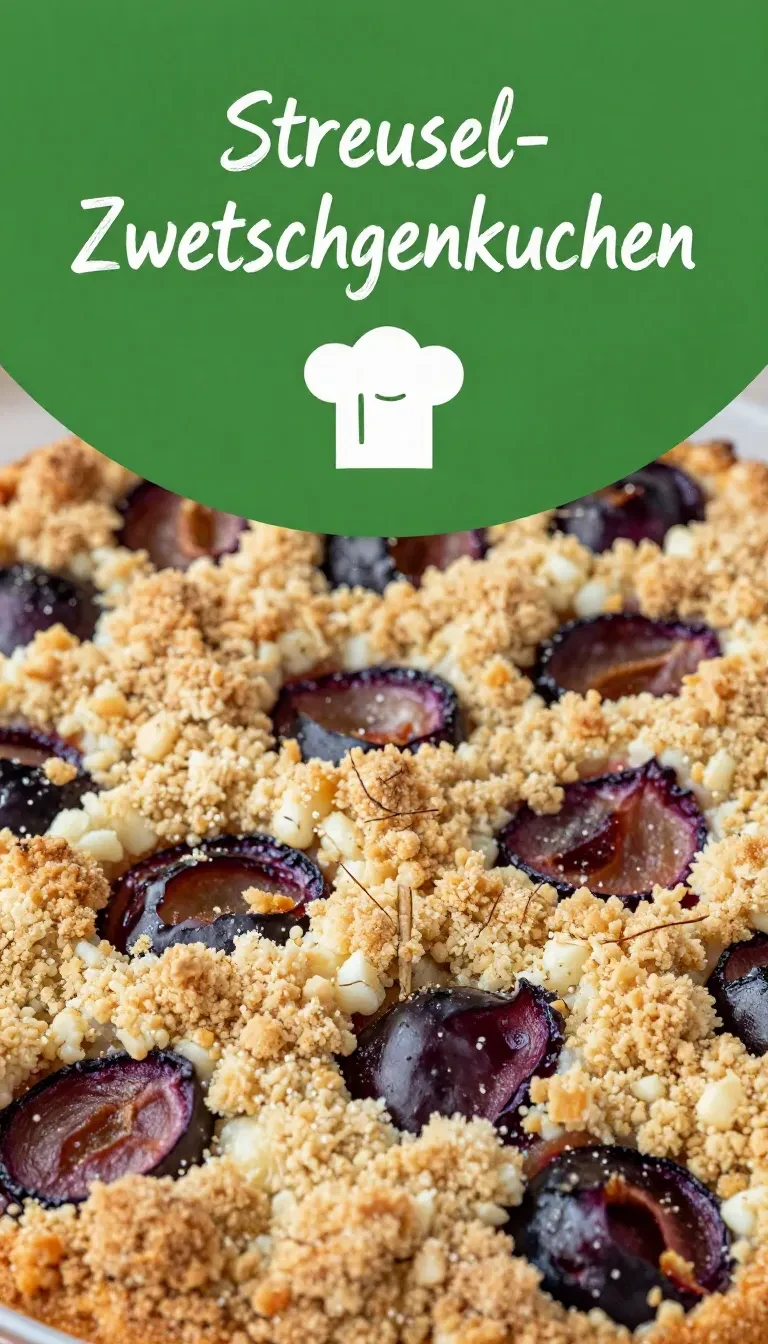 Ein Stück Streusel-Zwetschgenkuchen auf einem Teller, frisch gebacken mit Mürbteig.