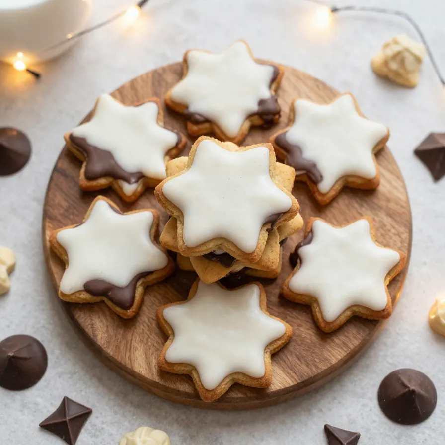 Weiche Lebkuchen mit glänzender Schokoladenglasur und Mandeln auf einem hellen Teller