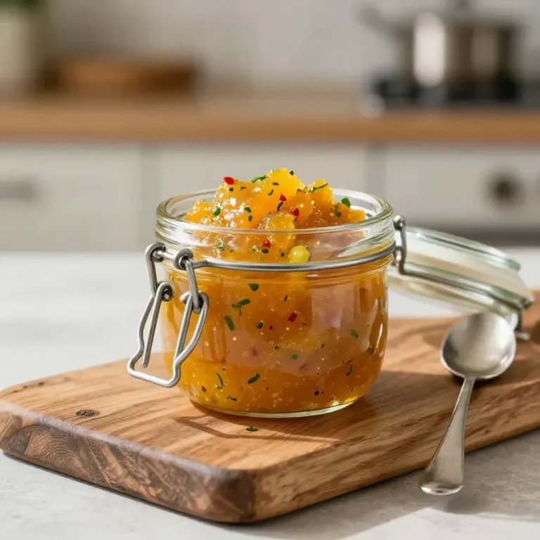 Ein Glas Zucchini-Chutney neben frischem Brot und gegrilltem Gemüse auf einem rustikalen Holztisch.