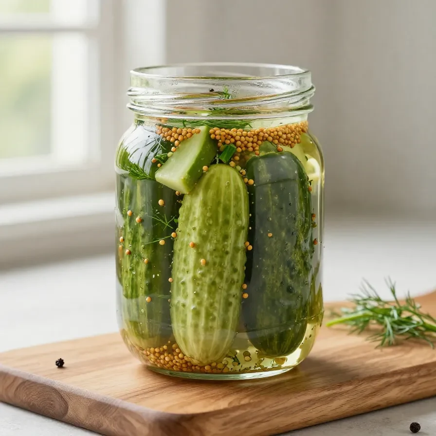 Glas mit Gewürzgurken und frischen Dillspitzen auf einem hellen Holztisch