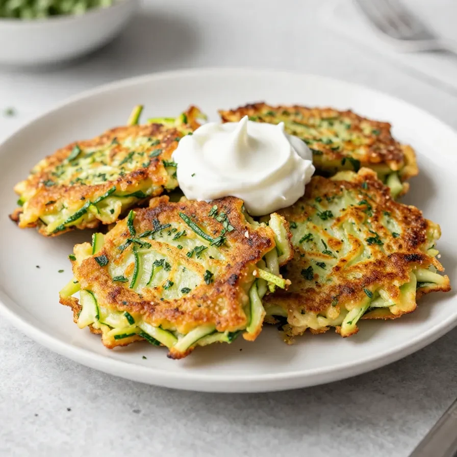Knusprige Zucchinipuffer auf einem Teller mit Kräuter-Dip, serviert als vegetarisches Gericht